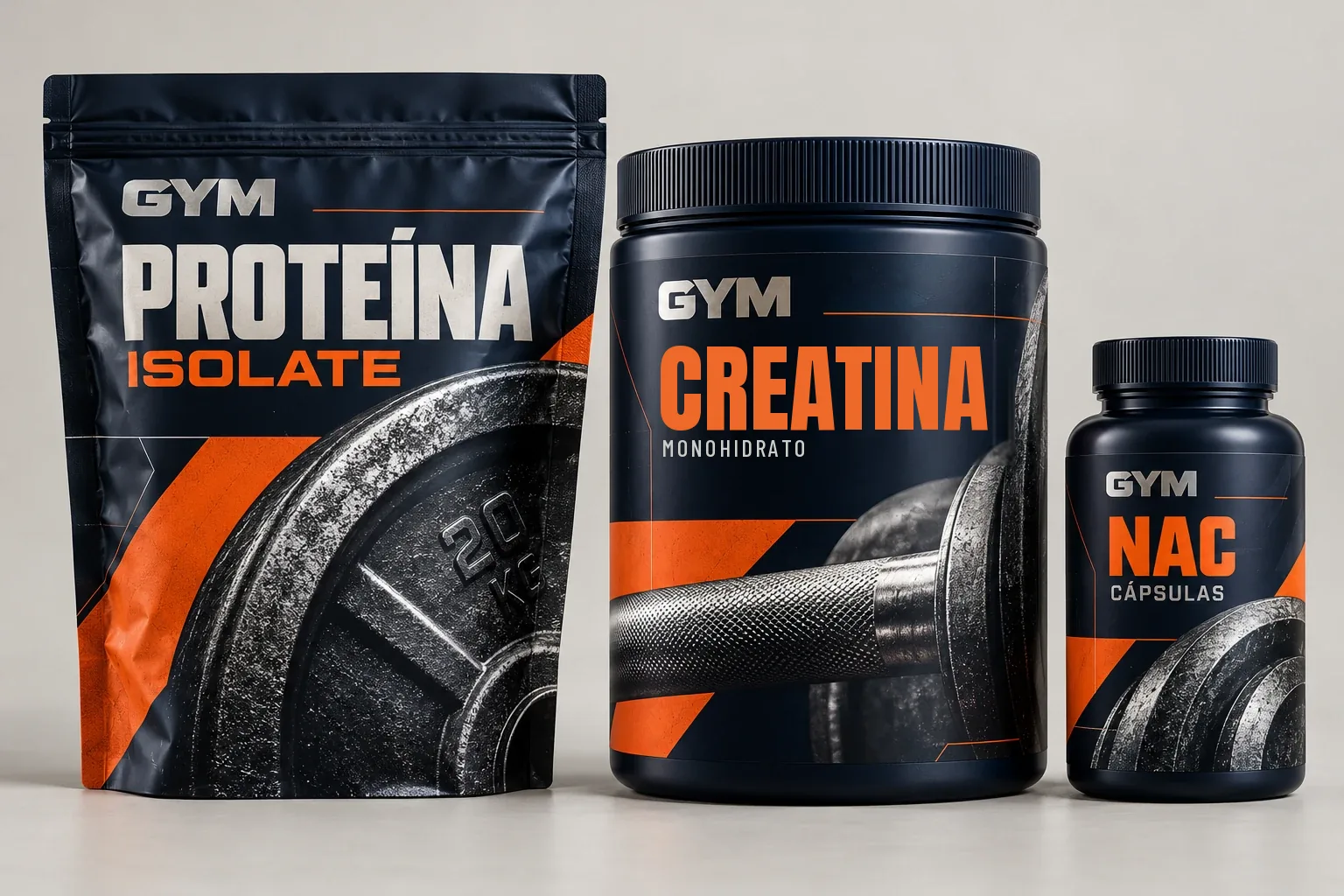 Ejemplo de gama con la marca ficticia Gym: bolsa de proteína, bote de creatina y bote de cápsulas en azul marino y naranja